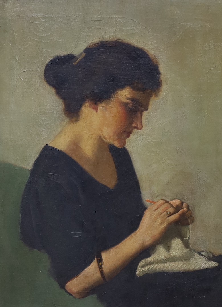 Salomon van Abbé (Dutch 1883-1955), oil on canvas, Portrait of a woman knitting, inscribed verso, 59 x 45 cm